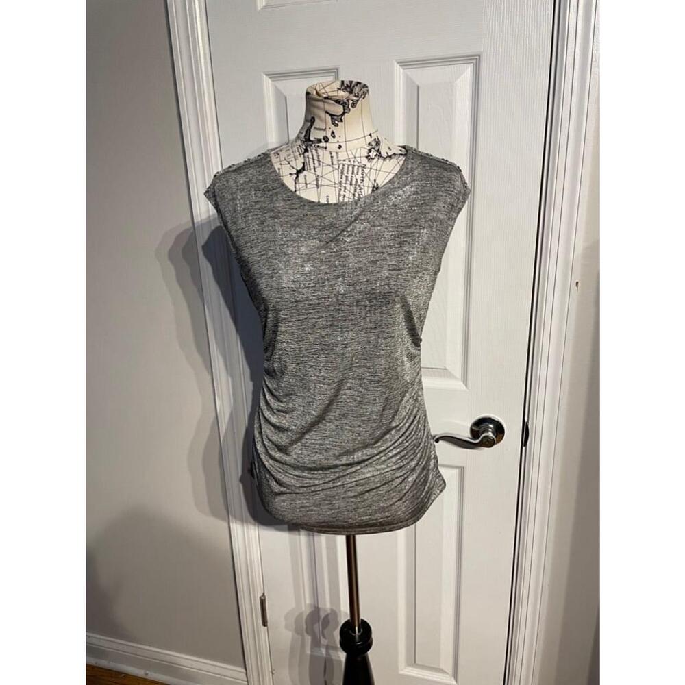 🎯Calvin Klein metallic Moto modern minimalist Silver lame buttons Henley S top